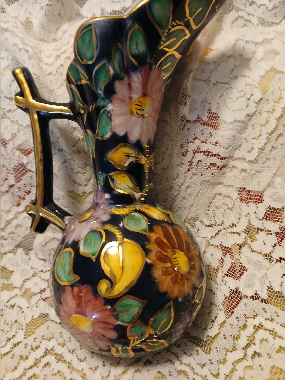 Vintage Hand-Painted Floral Ceramic Ewer Or Pitcher In Navy and Gold